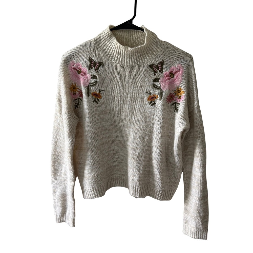 Cloudchaser Women Cream Beige Embroidered Floral Butterfly Mock Neck Sweater S